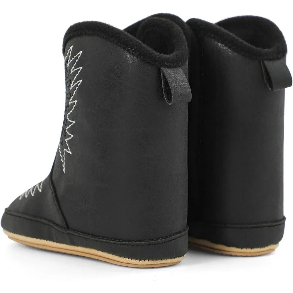 Infant Toddler Black Embroidered Faux Leather Western Rubber Sole Tassel Booties